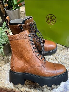 Tory Burch T Monogram Toasted Camel Leather Lace-Up Lug Ankle Boots 7.5M